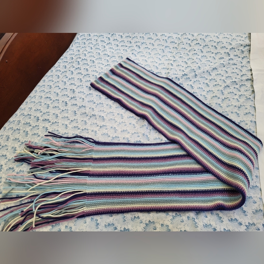Lord & Taylor Striped Knit Fringe Scarf in Blue, Purple, Mint